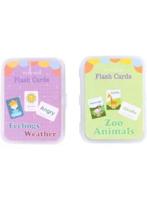 2 Sets Educational Flashcards Pocket Card Preschool Teaching Cards for kids, Feelings/Weather & Zoo Animals