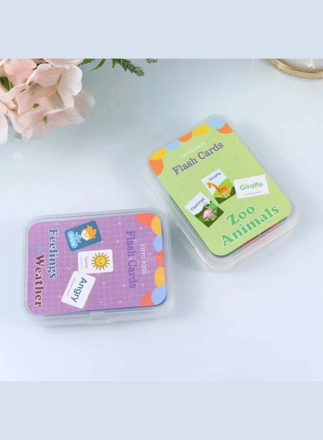 2 Sets Educational Flashcards Pocket Card Preschool Teaching Cards for kids, Feelings/Weather & Zoo Animals